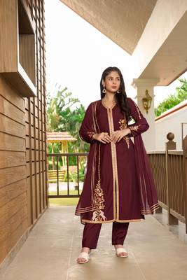 Nikhaar hand embroidery art silk stitched a line trouser kurta & dupatta  1