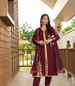 Nikhaar hand embroidery art silk stitched a line trouser kurta & dupatta 