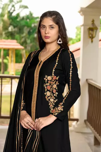 Nikhaar hand embroidery art silk stitched a line trouser kurta & dupatta 