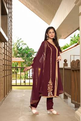 Nikhaar hand embroidery art silk stitched a line trouser kurta & dupatta  3