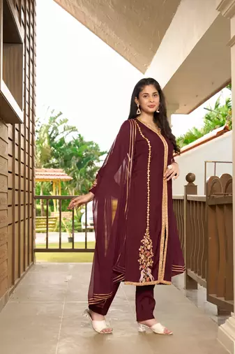 Nikhaar hand embroidery art silk stitched a line trouser kurta & dupatta 