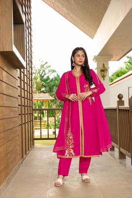 Nikhaar hand embroidery art silk stitched a line trouser kurta & dupatta  1