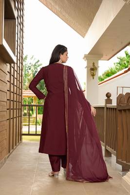 Nikhaar hand embroidery art silk stitched a line trouser kurta & dupatta  4