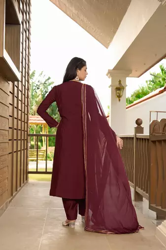 Nikhaar hand embroidery art silk stitched a line trouser kurta & dupatta 