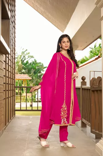 Nikhaar hand embroidery art silk stitched a line trouser kurta & dupatta 