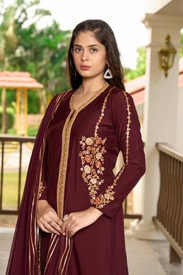 Nikhaar hand embroidery art silk stitched a line trouser kurta & dupatta  5