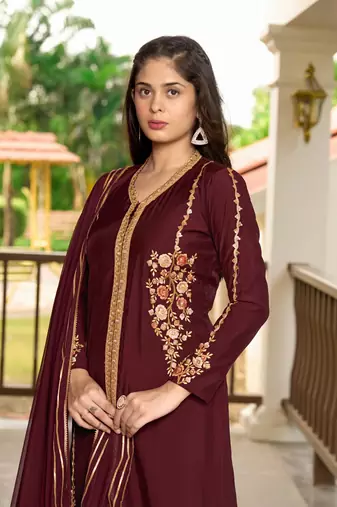 Nikhaar hand embroidery art silk stitched a line trouser kurta & dupatta 