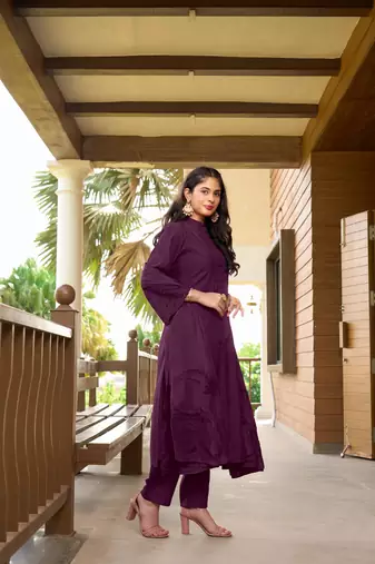 Nikhaar hand embroidery art silk stitched a line trouser kurta & dupatta 