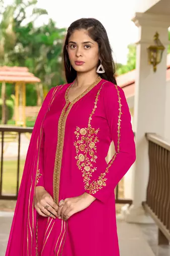 Nikhaar hand embroidery art silk stitched a line trouser kurta & dupatta 