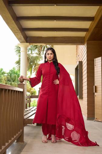 Nikhaar hand embroidery art silk stitched a line trouser kurta & dupatta 