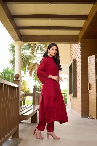 Nikhaar hand embroidery art silk stitched a line trouser kurta & dupatta 
