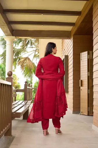 Nikhaar hand embroidery art silk stitched a line trouser kurta & dupatta 