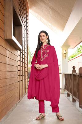 Nikhaar hand embroidery art silk stitched straight cut trouser kurta & dupatta  1