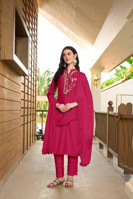 Nikhaar hand embroidery art silk stitched straight cut trouser kurta & dupatta  3