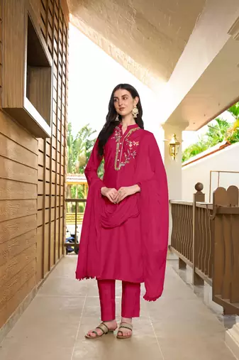 Nikhaar hand embroidery art silk stitched straight cut trouser kurta & dupatta 