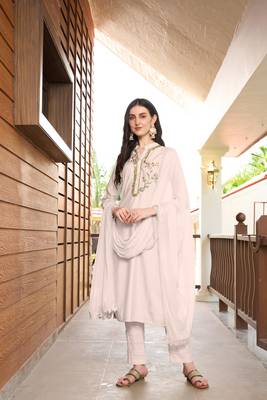 Nikhaar hand embroidery art silk stitched straight cut trouser kurta & dupatta  1