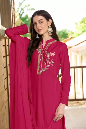 Nikhaar hand embroidery art silk stitched straight cut trouser kurta & dupatta 