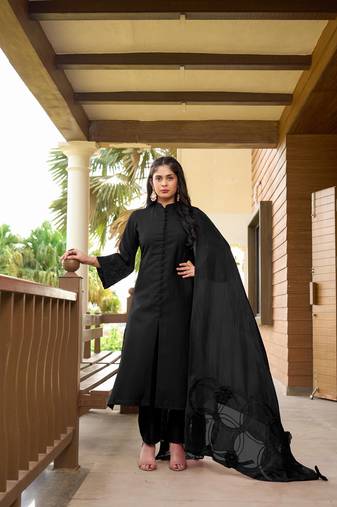 Nikhaar hand embroidery art silk stitched a line trouser kurta & dupatta 