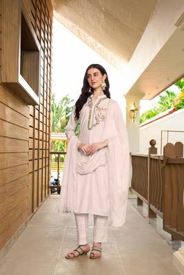 Nikhaar hand embroidery art silk stitched straight cut trouser kurta & dupatta  3
