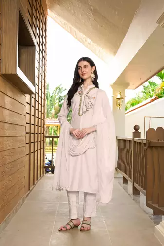 Nikhaar hand embroidery art silk stitched straight cut trouser kurta & dupatta 