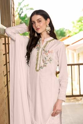 Nikhaar hand embroidery art silk stitched straight cut trouser kurta & dupatta  5