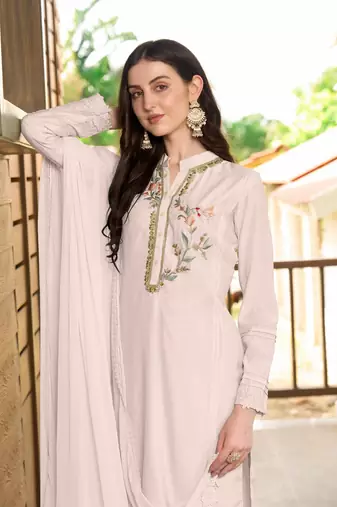 Nikhaar hand embroidery art silk stitched straight cut trouser kurta & dupatta 