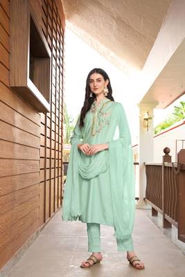 Nikhaar hand embroidery art silk stitched straight cut trouser kurta & dupatta  1