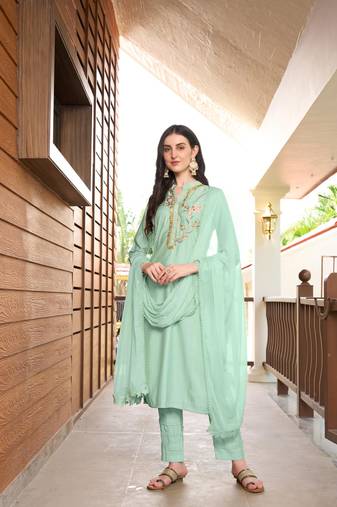 Nikhaar hand embroidery art silk stitched straight cut trouser kurta & dupatta 