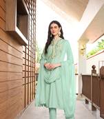 Nikhaar hand embroidery art silk stitched straight cut trouser kurta & dupatta 