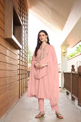 Nikhaar hand embroidery art silk stitched straight cut trouser kurta & dupatta  1