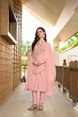 Nikhaar hand embroidery art silk stitched straight cut trouser kurta & dupatta  3