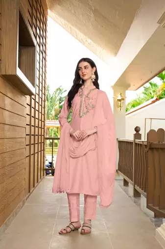 Nikhaar hand embroidery art silk stitched straight cut trouser kurta & dupatta 