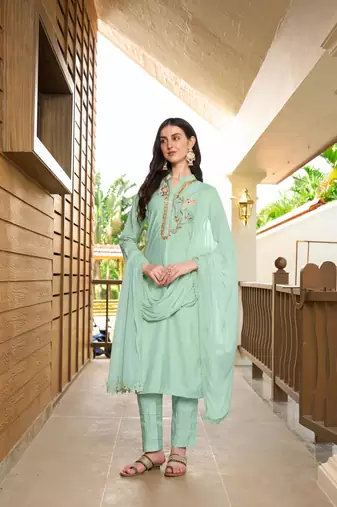 Nikhaar hand embroidery art silk stitched straight cut trouser kurta & dupatta 
