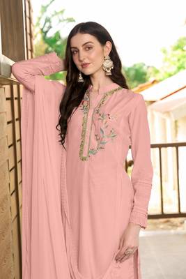 Nikhaar hand embroidery art silk stitched straight cut trouser kurta & dupatta  5