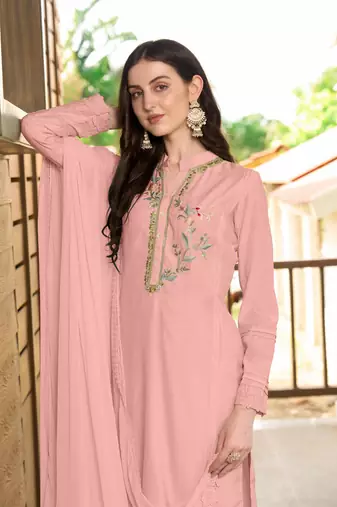 Nikhaar hand embroidery art silk stitched straight cut trouser kurta & dupatta 