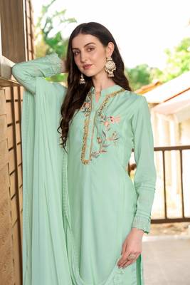 Nikhaar hand embroidery art silk stitched straight cut trouser kurta & dupatta  5