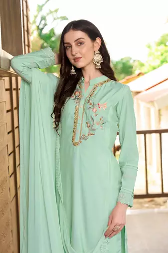 Nikhaar hand embroidery art silk stitched straight cut trouser kurta & dupatta 