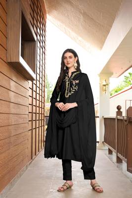 Nikhaar hand embroidery art silk stitched straight cut trouser kurta & dupatta  1