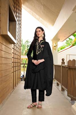 Nikhaar hand embroidery art silk stitched straight cut trouser kurta & dupatta  3