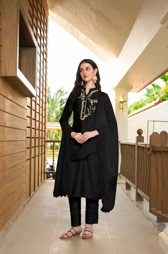 Nikhaar hand embroidery art silk stitched straight cut trouser kurta & dupatta 