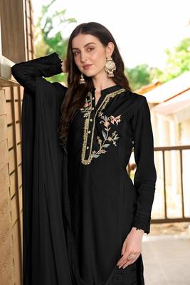 Nikhaar hand embroidery art silk stitched straight cut trouser kurta & dupatta  5