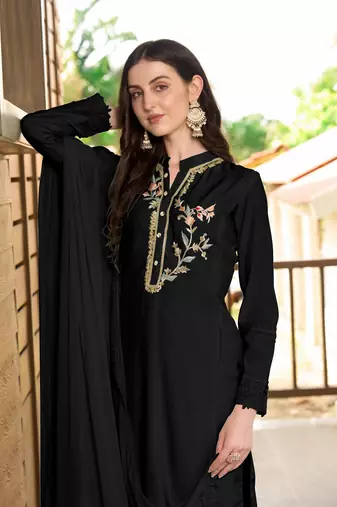 Nikhaar hand embroidery art silk stitched straight cut trouser kurta & dupatta 