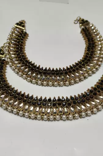 Gold Plated Handcrafted Black colour Anklets with Pearl & Kundan