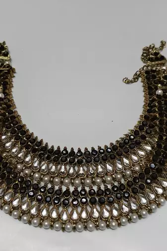 Gold Plated Handcrafted Black colour Anklets with Pearl & Kundan