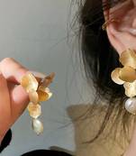 Gold Petal Design with White Pearl Statement Drop Earrings