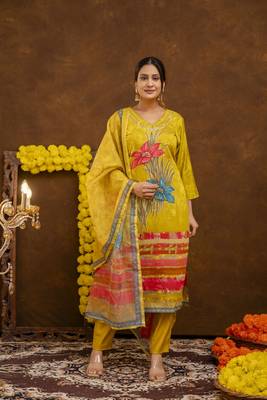 Yellow Muslin Kurta with Bold Floral Design and Dupatta 1
