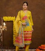 Yellow Muslin Kurta with Bold Floral Design and Dupatta