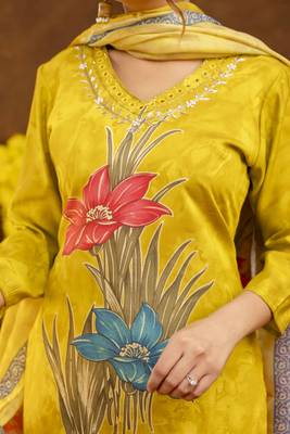 Yellow Muslin Kurta with Bold Floral Design and Dupatta 3