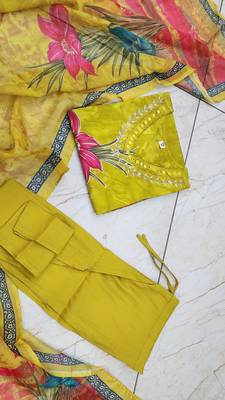 Yellow Muslin Kurta with Bold Floral Design and Dupatta 4