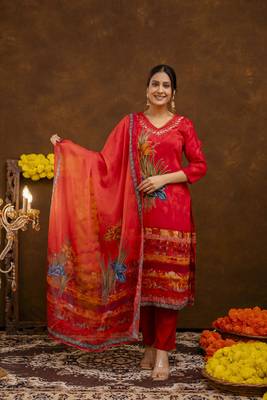Red Muslin Kurta with Bold Floral Design and Dupatta 1